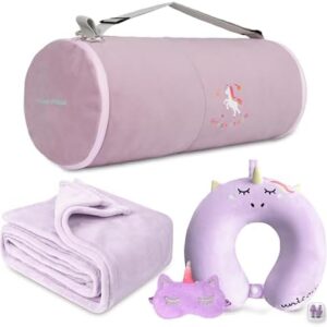 Kids Travel Blanket and Pillow- Premium Soft Purple Airplane Blanket with Adjustable Travel Bag, Hand Luggage Belt Compact Pack Large Blanket for Car, Road Trip, Home Use (60"*41" in)