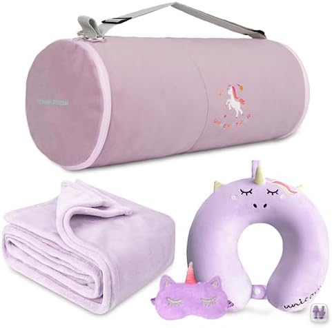 Kids Travel Blanket and Pillow- Premium Soft Purple Airplane Blanket with Adjustable Travel Bag, Hand Luggage Belt Compact Pack Large Blanket for Car, Road Trip, Home Use (60"*41" in)