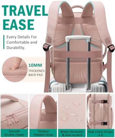 Travel Backpack For Women, Carry On Backpack for Men Flight Approved Airline Personal Item Travel Bag TSA Business 15.6 in Laptop Mochila, Travels Essentials Bookbag for Work Weekender Hiking (Pink) - Image 4