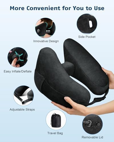 Travel Pillow Inflatable Neck Pillow Airplane Pillow with Velvet Cover Inflatable Pillow for Car/Train/Plane (Black, M) - Image 5