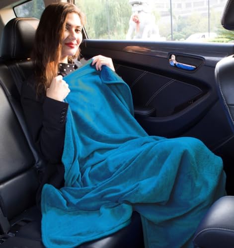 BlueHills Travel Blanket Pillow in Mini Soft Case Premium Plush Airplane Blanket in Soft Bag Compact Pack with Luggage Belt and Backpack Clip Airline Car 2 in 1 Traveler Essentials - Teal Blue M03 - Image 4