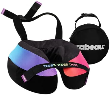 Cabeau Travel Neck Pillow for Airplanes – The Neck’s Evolution, TNE S3 – Supportive Memory Foam Design for Long Haul Flights – Attachable Seat Straps and 360° Support (Amsterdam Rainbow)