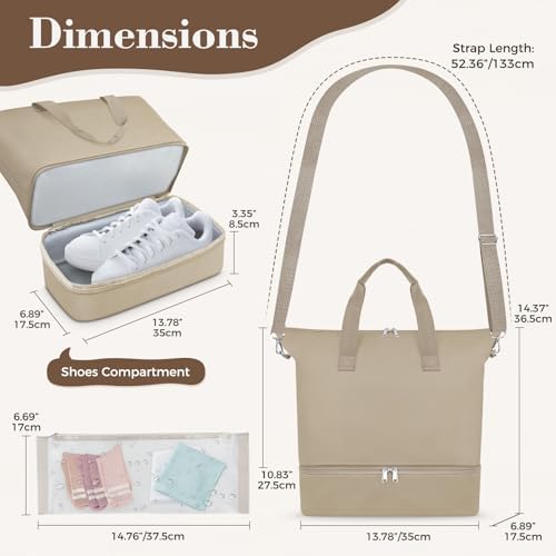 Duffel Bag for Women Men,Carry-On Weekender Overnight Bag with Shoe Compartment for Travel,Personal Item Gym Sports (Khaki) - Image 6