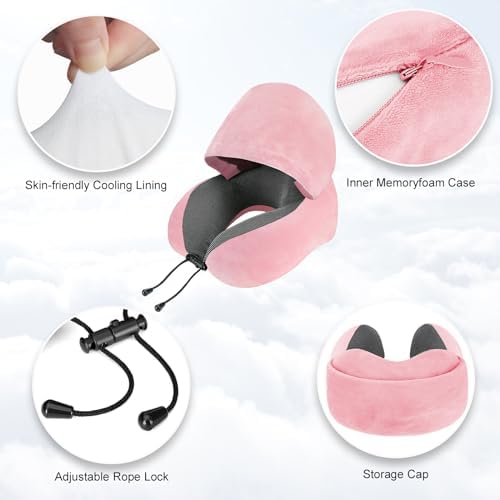Travel Pillow, Neck Pillow for Travel with Hood for Airplane, Velvet Memory Foam Neck Pillow Women Lady Head & Neck Support, for Long Flights Plane, Office, Cars Sleeping & Rest (Pink) - Image 6