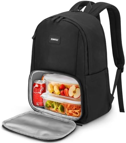 ZOMFELT Lunch Backpack for Women Men, 15.6 inch Laptop Backpack for School with Cooler Lunch Box, Flight Approved Carry on Backpack, Travel Backpack for College Work Nurse Teacher Picnics Gift, Black