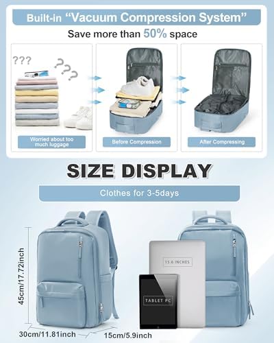 VGCUB Small Travel Backpack with Vacuum System Carry on Storage Compression Personal Item Bags with Electric Pump Work Business Vacpack College Airback lightweight Backpack for Women Men Light blue - Image 4
