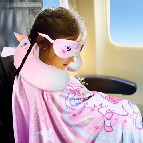 4 Pcs Unicorn Travel Pillow and Blanket Set for Kids Unicorn Airplane Blanket Memory Foam Neck Pillow Eye Mask Pink Storage Bag Kids Travel Essential Gifts for Girl Airplane Car Trip Home Use - Image 5