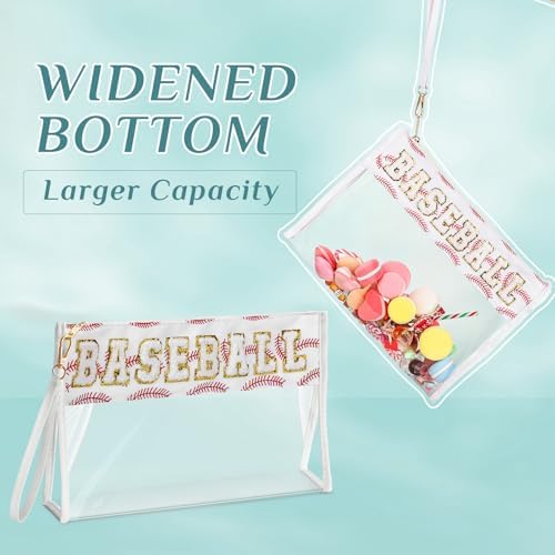 Remerry Clear Chenille Letter Makeup Bag Stand up Snack Bags Preppy Cosmetic Pouch Expandable Clear Travel with Wrist Strap Zipper Portable Multipurpose PVC Nylon for Women Travel(White,Baseball) - Image 4