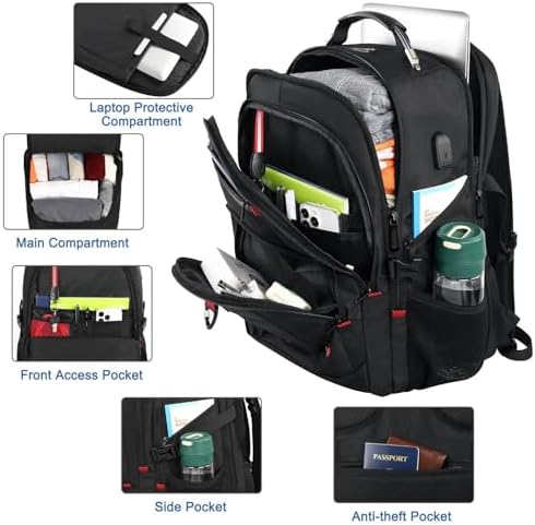 Z-MGKISS Extra Large Travel Backpack, 52L TSA Backpack 17.3 Inch, Anti-Theft 17 Inch Big Business Laptop Backpack for Men & Women, Water Resistant College Rucksack Bag with USB Port, Black - Image 4