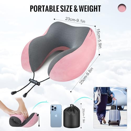 Travel Pillow, Neck Pillow for Travel with Hood for Airplane, Velvet Memory Foam Neck Pillow Women Lady Head & Neck Support, for Long Flights Plane, Office, Cars Sleeping & Rest (Pink) - Image 5