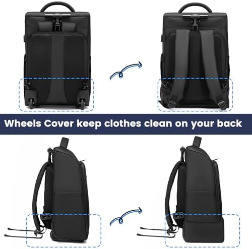 Rolling Backpack, Waterproof Backpack with Wheels for Business Commuter, Carry on Backpack with Laptop Compartment, Fit 15.6/18 Inch Laptop, Wheeled Backpack for Adults (Black) - Image 4