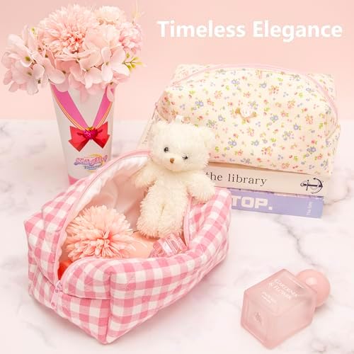 PAZIMIIK Cozy Makeup Bag Small Aesthetic Travel Zipper Cosmetic Pouch for Women Make Up Beauty Accessories Brushes Pink Checkered - Image 2