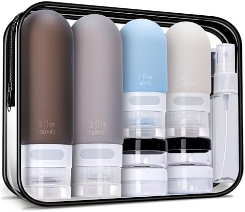 18 Pcs Travel Size Toiletries Set,Leak Proof Squeezable Silicone Travel Bottles for Shampoo and Conditioner,TSA Approved Travel Essentials Accessories,Black Pack
