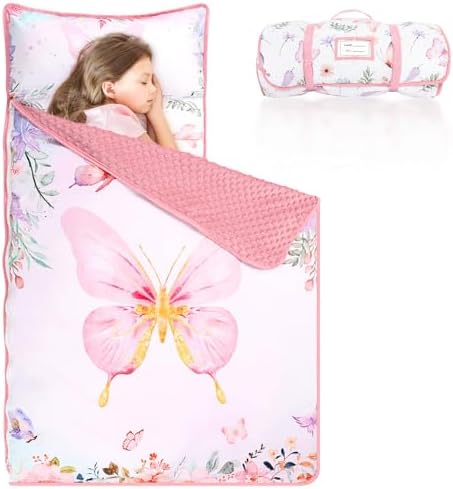 Pea Pod Toddler Nap Mat with Pillow & Fleece Blanket Ultra Soft Kids Rolled Napping Mats for Daycare, Preschool-Kindergarten, Slumber Bags for Boys Girls, Fits Ages 3-7 Years, Butterfly