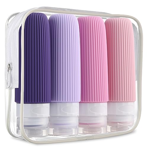 Travel Bottles for Toiletries, Tsa Approved 3oz Portable Travel Bottles, BPA Free Leak Proof Squeezable Silicone Travel Size Containers, Travel Accessories with Clear Toiletry Bag (4 Pack)