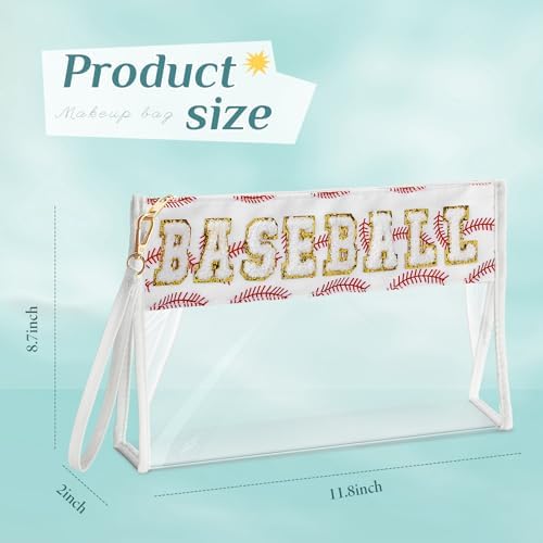 Remerry Clear Chenille Letter Makeup Bag Stand up Snack Bags Preppy Cosmetic Pouch Expandable Clear Travel with Wrist Strap Zipper Portable Multipurpose PVC Nylon for Women Travel(White,Baseball) - Image 2