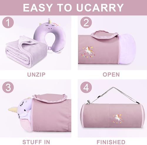 Kids Travel Blanket and Pillow- Premium Soft Purple Airplane Blanket with Adjustable Travel Bag, Hand Luggage Belt Compact Pack Large Blanket for Car, Road Trip, Home Use (60"*41" in) - Image 5