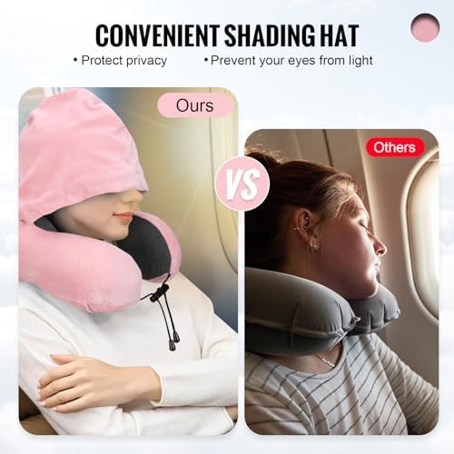 Travel Pillow, Neck Pillow for Travel with Hood for Airplane, Velvet Memory Foam Neck Pillow Women Lady Head & Neck Support, for Long Flights Plane, Office, Cars Sleeping & Rest (Pink) - Image 2