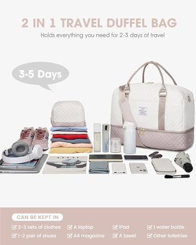 Travel Duffle Bag Weekender for Women - Carry On Overnight Bag with Shoe Compartment Duffel Bag with Wet Pocket Large Gym Weekend Bags Set Hospital Bags for Labor and Delivery Beige - Image 5