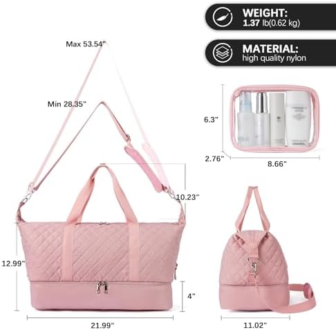 BOSTANTEN Large Travel Duffle Bag with Shoe Compartment and Trolley Sleeve, Waterproof Weekender Bags for Women, Pink - Image 2