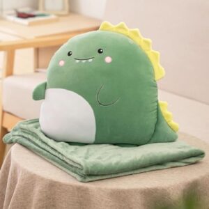 Flannel Cartoon Animal Sofa Throw Pillow and Blanket, 2 in 1 Portable Travel Blanket and Pillow Set for Camping Car Office (Dinosaur)
