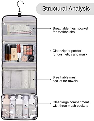 Relavel Travel Hanging Toiletry Bag for Men Women Travel Kit Shaving Bag Waterproof Large Makeup Bag Wash Bag Makeup Organizer Cosmetic Case for Bathroom Shower Black - Image 6