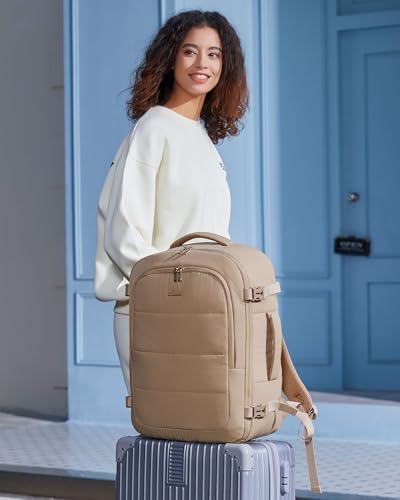LOVEVOOK Travel Backpack for Women Men, 40L Lightweight Puffy Flight Approved Carry On Backpack Fits 17'' Laptop, TSA Personal Item Travel Bag, Waterproof Weekender Trip Work Luggage Daypack, Khaki - Image 6