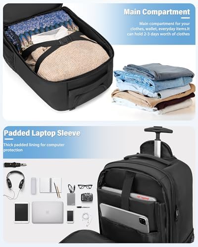 Rolling Business Backpack Fits Up to 18 Inch Laptop Trolley Bag Waterproof Wheeled Travel Bag Black - Image 4