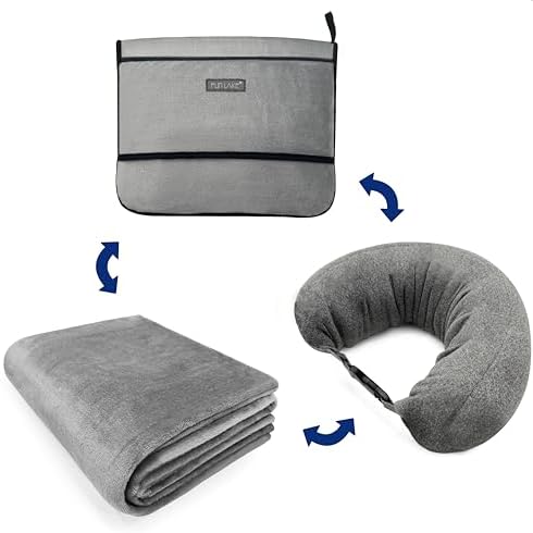 3-in-1 Travel Pillow Blanket Set - Soft Flannel Convertible Pillow, Blanket & Neck Pillow with Backpack Clip | Compact Travel Essentials for Airplane, Car, Office, Grey