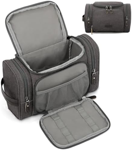 ZOMFELT Travel Toiletry Bag for Men, Water-Resistant Canvas Dopp Kit with Wet Compartments, Multi-Pocket Organizer for Shaving Kit, Gym Essentials and Toiletries Accessories, Grey