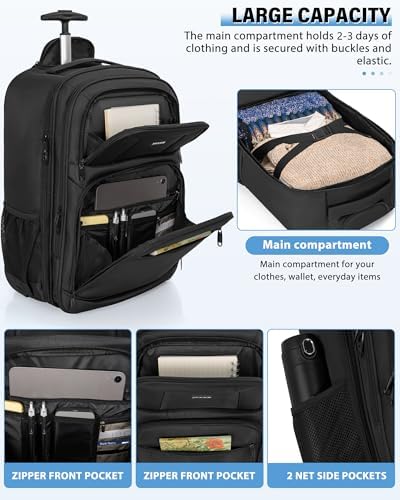 Rolling Business Backpack Fits Up to 18 Inch Laptop Trolley Bag Waterproof Wheeled Travel Bag Black - Image 5