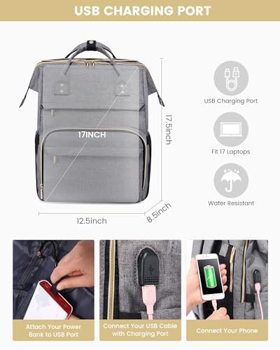 LOVEVOOK 17.3 Inch Laptop Backpack, Large Travel Backpack for Women, Water Resistant Teacher Backpack with Laptop Compartment, Professional Business Work bags with Charger, Austere Grey - Image 7