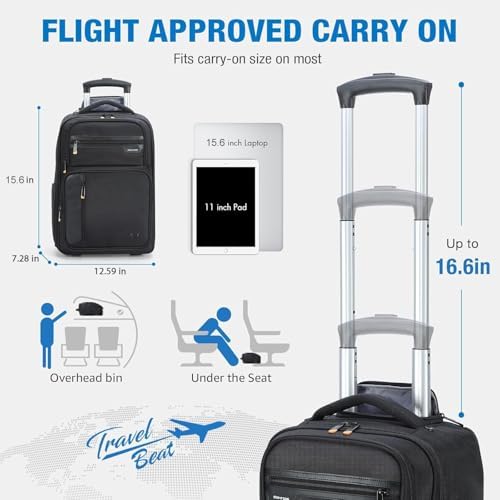 Rolling Backpack - 15.6 inch Laptop Backpack for Adults with Wheels Flight Approved Water Resistant Carry on Wheeled Backpacks for Travel Trip Business College Commute Black - Image 2