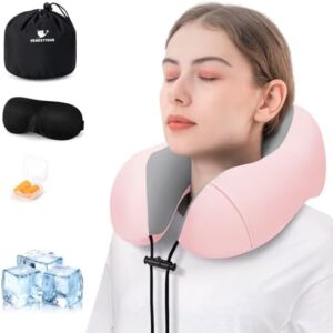 Travel Pillow for Airplane Memory Foam Neck Pillow, Soft & Support Travel Pillow for Travelling with Eye Mask, Earplugs and Storage Bag, Sleeping Rest, Car, Train and Home Use Cooling, Pink
