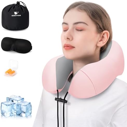 Travel Pillow for Airplane Memory Foam Neck Pillow, Soft & Support Travel Pillow for Travelling with Eye Mask, Earplugs and Storage Bag, Sleeping Rest, Car, Train and Home Use Cooling, Pink