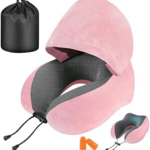 Travel Pillow, Neck Pillow for Travel with Hood for Airplane, Velvet Memory Foam Neck Pillow Women Lady Head & Neck Support, for Long Flights Plane, Office, Cars Sleeping & Rest (Pink)