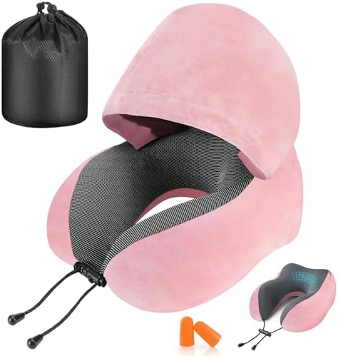Travel Pillow, Neck Pillow for Travel with Hood for Airplane, Velvet Memory Foam Neck Pillow Women Lady Head & Neck Support, for Long Flights Plane, Office, Cars Sleeping & Rest (Pink)
