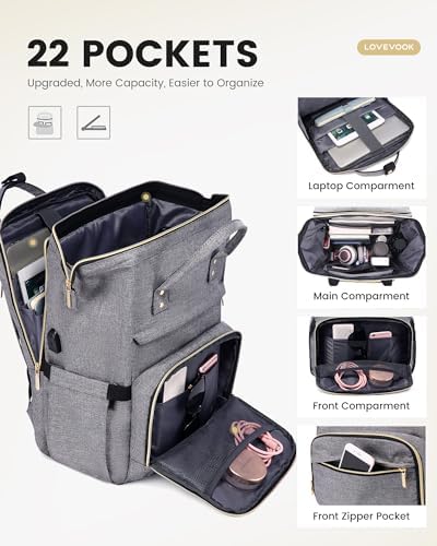 LOVEVOOK 17.3 Inch Laptop Backpack, Large Travel Backpack for Women, Water Resistant Teacher Backpack with Laptop Compartment, Professional Business Work bags with Charger, Austere Grey - Image 3