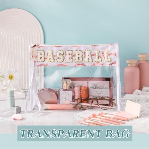 Remerry Clear Chenille Letter Makeup Bag Stand up Snack Bags Preppy Cosmetic Pouch Expandable Clear Travel with Wrist Strap Zipper Portable Multipurpose PVC Nylon for Women Travel(White,Baseball) - Image 5