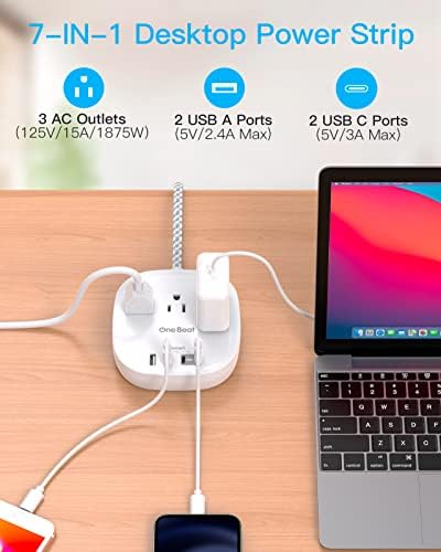 One Beat Flat Plug Power Strip, 5ft Flat Extension Cord, 3 Outlets 4 USB Ports (2 USB C) 22.5W/4.5A Desktop Charging Station Cruise Ship Power Strip No Surge Protection, Dorm Room Travel Essentials - Image 4