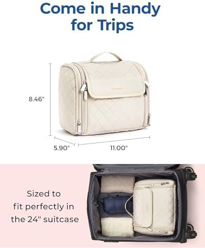 BAGSMART Toiletry Bag Travel Makeup Bag with Hanging Hook, Cosmetic Bag Make Organizer Case, Large Capacity Water-resistant Organizer for Toiletries Accessories Brushes Sponge, Beige - Image 5