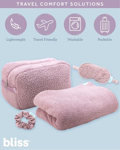 Bliss Womens Travel Blanket Set - 4 Piece Plush Microfiber Packable Travel Blanket with Relaxing Sleep Mask, Carry On Case, and Satin Hair Tie, Pink Gaze - Image 2