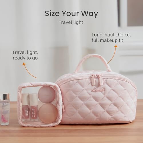 LOVEVOOK Travel Makeup Bag for Women, 2Pcs Set Puffer Waterproof Cosmetic Organizer, Large Capacity Pouch Open Flat Toiletry Bag with Divider & Handle, Portable Gift for Her, Pink - Image 7