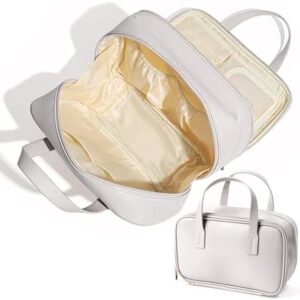 Travel Makeup Bag for Women - Beauty Cosmetic Bag with Brush Storage, Large Capacity Portable Waterproof PU Leather Zipper Toiletry Pouch with Divider and Handle for Girl Birthday Gift (White)