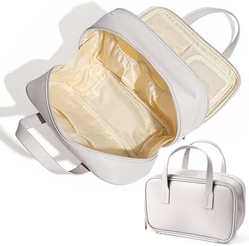Travel Makeup Bag for Women - Beauty Cosmetic Bag with Brush Storage, Large Capacity Portable Waterproof PU Leather Zipper Toiletry Pouch with Divider and Handle for Girl Birthday Gift (White)