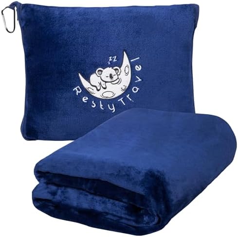 Resty Travel Blanket - Compact Airplane Blanket with Bag - Small and Lightweight Traveling Blanket & Pillow - Portable Blankets with Carabiner for Easy Transport - Plane Train Car (Navy Blue)