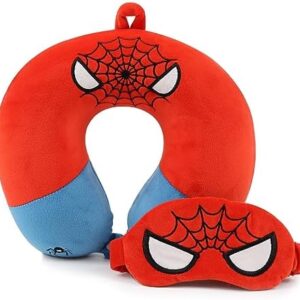 Superhero Travel Pillow for Kids & Adults with Sleep Eye Mask, Memory Foam U-Shaped Neck Pillow with Washable Cover, Soft Head Support Travel Accessories for Airplane Car Train Bus Recline, Red