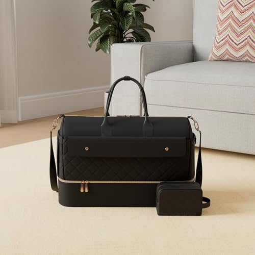 Wedama Weekender Bags for Women, Large Travel Duffel Bag with Shoe Compartment, Carry on Overnight Bag with Toiletry Makeup Bag, Gym Duffel Bag Travel Tote Bag for Travel Gym Camping Hospital, Black - Image 2