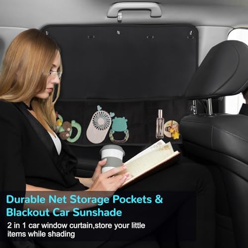 Car Sun Shade Side Window, 2 Pcs Blackout Car Window Shade for Baby Privacy with Storage Net Pockets Car Curtains 7 Suction Cups for Heat/UV Protection Sun Block Covers - Image 2