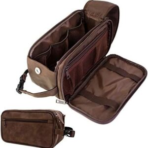 PAVILIA Toiletry Bag for Men, Travel Essentials Shaving Dopp Kit, Mens Travel Bag Toiletries Organizer Case for Grooming, PU Leather Water Resistant Cosmetic Bag Pouch (Dark Brown)